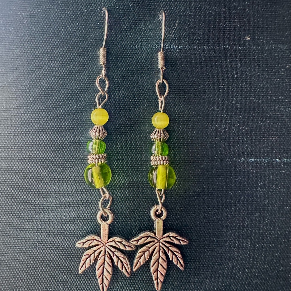 Green Beaded Leaf Earrings